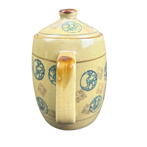 Pier 1 TeaPot  Porcelain Yellow Green Asian Dragon Stamps Design Art Stoneware - Picture 2 of 11